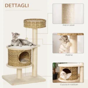 PawHut Scratching Post Tree για ενήλικες γάτες και γατάκια από ρείθρο 95 cm και σπίτι για γάτες σε Rattan και Πολωνούς στο Sisal D30-484 - Image 3