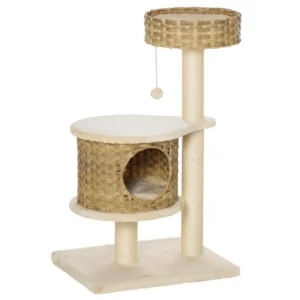 PawHut Scratching Post Tree για ενήλικες γάτες και γατάκια από ρείθρο 95 cm και σπίτι για γάτες σε Rattan και Πολωνούς στο Sisal D30-484 - Image 8