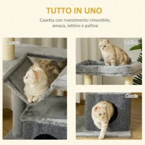 Cat Tree με Σιζάλ Σχοινί ξύσιμο Σπίτι Μαξιλάρι και αιώρα Λούτρινο και τσόχα κάλυμμα Γκρι 48 x 48 x 90 cm PawHut D30-491 - Image 3