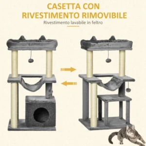 Cat Tree με Σιζάλ Σχοινί ξύσιμο Σπίτι Μαξιλάρι και αιώρα Λούτρινο και τσόχα κάλυμμα Γκρι 48 x 48 x 90 cm PawHut D30-491 - Image 4