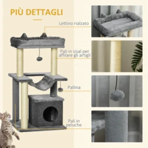 Cat Tree με Σιζάλ Σχοινί ξύσιμο Σπίτι Μαξιλάρι και αιώρα Λούτρινο και τσόχα κάλυμμα Γκρι 48 x 48 x 90 cm PawHut D30-491 - Image 5