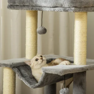 Cat Tree με Σιζάλ Σχοινί ξύσιμο Σπίτι Μαξιλάρι και αιώρα Λούτρινο και τσόχα κάλυμμα Γκρι 48 x 48 x 90 cm PawHut D30-491 - Image 7