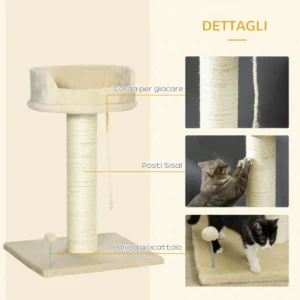 PawHut Scratching Tree for Cats με Κρεβάτι και βελούδινη μπάλα και κοντάρι σιζάλ 55x55x83cm Μπεζ D30-551V00BG - Image 3