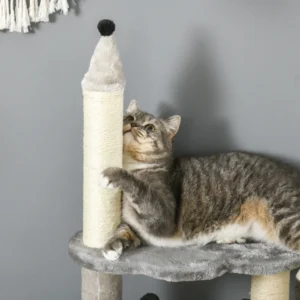 PawHut Scratching Tree για γάτες με σπίτι και κρεβάτι, βελούδινο και κάλυμμα παιχνιδιού, 48x48x86cm, γκρι D30-715V00GY - Image 5