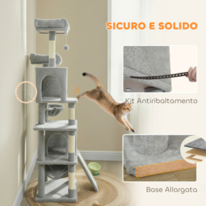 PawHut Δέντρο Αναρρίχησης για Γάτες με 2 Σπιτάκια, 2 Κρεβατάκια, Πλατφόρμα και 2 Μπαλάκια, 48x40x177 cm, Ανοιχτό Γκρι και Μπεζ D30-905V00LG - Image 5