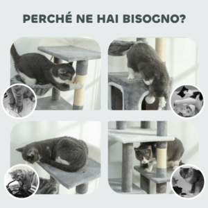 PawHut Δέντρο Αναρρίχησης για Γάτες με 2 Σπιτάκια, Ράμπα, Πλατφόρμες και 4 Μπαλίτσες, 48x40x165 cm, Γκρι και Λευκό D30-906V00GY - Image 7