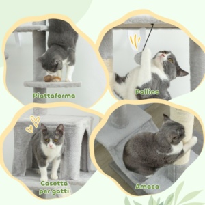 PawHut Οροφής Γατόδεντρο Ρυθμιζόμενου Ύψους 225-255 cm με Σπιτάκι και Αιώρα, Ανοιχτό Γκρι D30-911V00LG - Image 5