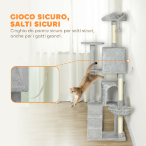 PawHut Ονυχοδρόμιο για Γάτες Ύψους 160 εκ. με 2 Σπιτάκια, Αιώρα, Κρεβάτι και Στύλους από Σιζάλ, Γκρι D30-920V01LG - Image 5