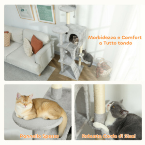 PawHut Ονυχοδρόμιο για Γάτες Ύψους 160 εκ. με 2 Σπιτάκια, Αιώρα, Κρεβάτι και Στύλους από Σιζάλ, Γκρι D30-920V01LG - Image 6