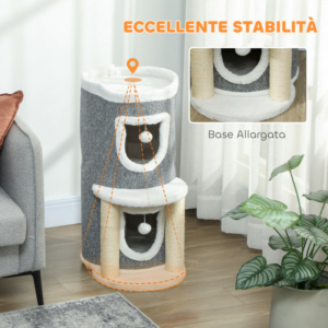 PawHut Ονυχοδρόμιο για Γάτες Ύψους 76 εκ. με Σπιτάκια, Κρεβατάκι, Μπάλες και Κολώνες από Σίζαλ, Γκρι D30-938V00GY - Image 6