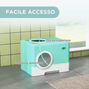 PawHut Λεκάνη απορριμμάτων για γάτες με καπάκι και σέσουλα, διπλή είσοδο και αφαιρούμενο δίσκο, 52x41x38.5 cm, πράσινο D31-084V00GN - Image 4