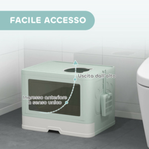 PawHut Κλειστή Λεκάνη Απορριμάτων για Γάτες με Καπάκι και Διπλή Είσοδο, Αποσπώμενο Συρτάρι, Φτυάρι και Βούρτσα, Πράσινη D31-085V00GN - Image 4