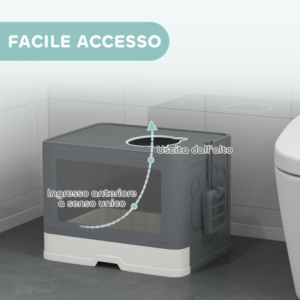 PawHut Κλειστή Λεκάνη Υγιεινής για Γάτες με Καπάκι και Διπλή Είσοδο, Αποσπώμενο Συρτάρι, Σπάτουλα και Βούρτσα, Γκρι D31-085V00GY - Image 4