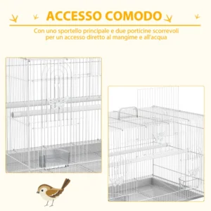 PawHut Μεταλλικό Κλουβί Πουλιών με Πέρκες, Μπολ για Φαγητό και Λαβή, 60x41x41cm - Λευκό D51-025 - Image 3