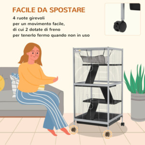 PawHut Κλουβί για Ινδικά Χοιρίδια και Τσιντσιλά από Ατσάλι με 3 Επίπεδα, Ρόδες και Αποσπώμενο Δίσκο, Ανοιχτό Γκρι D51-153V00LG - Image 4