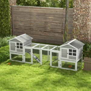 PawHut Εξωτερική Ξύλινη Καλύβα με 2 Σπίτια και Περιφραγμένο Ανοιχτό Χώρο με Πόρτες και Ράμπες, 259x64x92 cm, Γκρι D51-301V02GY - Image 7