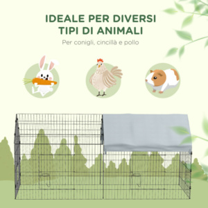 PawHut Εξωτερικό και Εσωτερικό Κλουβί Κουνελιών σε Σχήμα Σπιτιού με Σκεπή, 220x85x103cm, Ασημί D51-395V01SR - Image 5