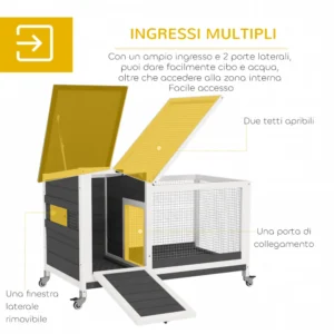 PawHut Εξωτερικό Κλουβί Κουνελιών με Ρόδες και Αποσπώμενο Δίσκο, από Ξύλο Έλατου και Ατσάλι, 91x51x66 εκ., Πολύχρωμο D51-473V00GY - Image 4