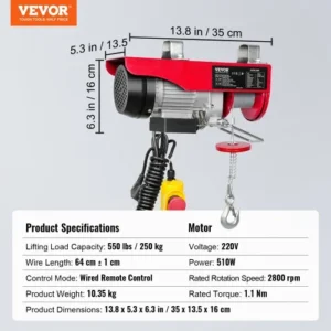 Ηλεκτρικός Γερανός VEVOR, 250kg, 220V, 40ft, Χαλύβδινο Συρματόσχοινο, Χειριστήριο 14ft  DDGSSHLYXYKKYD0QSV2 - Image 6