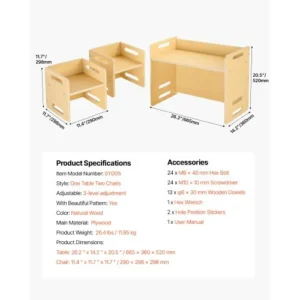 VEVOR Σετ Τραπεζιού και Καρεκλών Montessori για Νήπια από Ξύλο ETDNZY265201MXF9VV0 - Image 6