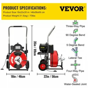 VEVOR 23μ x 9.5χιλ Καθαριστής Αποχέτευσης για Σωλήνες 32-100χιλ, Φορητός Ηλεκτρικός Καθαριστής με Κοπτικά  GDSTJ75FTX3-80001V2 - Image 6