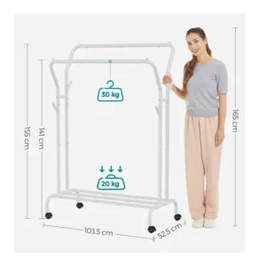 Μεταλλική Διπλή Τροχήλατη Κρεμάστρα Ρούχων Δαπέδου Βαρέως Τύπου 103.5 x 52.5 x 155 cm Χρώματος Λευκό Songmics HSR107W01 - Image 2