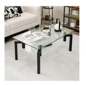 Μεταλλικό Ορθογώνιο Τραπέζι Σαλονιού με Γυάλινη Επιφάνεια 100 x 60 x 43 cm Costway HV10316BK - Image 2