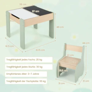 Costway  Παιδικό σετ επίπλων 4 σε 1 από ξύλο με αφαιρούμενο πίνακα & αποθηκευτικό χώρο Πράσινο 60 x 60 x 48 εκ. HY10080LS - Image 2