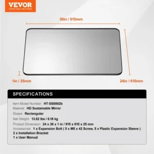 VEVOR  Τετράγωνος Καθρέφτης Τοίχου 24" x 36" με Πλαίσιο Αλουμινίου JXJ2436INCHB8O19NV0 - Image 6
