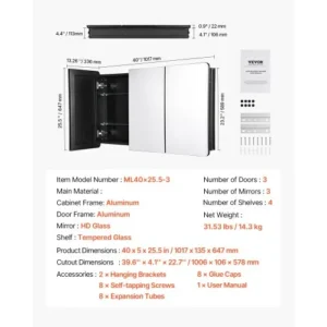 VEVOR Ντουλάπι Φαρμάκων 25.5" x 40" με Ρυθμιζόμενα Ράφια και Καθρέφτη JXYJJXJ25540X2HYLV0 - Image 6