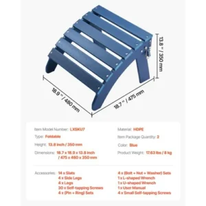 VEVOR Σετ 2 Υποπόδια Adirondack HDPE Μπλε KZDADLDKTTQP1RT1QV0 - Image 6