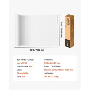 VEVOR Γυαλιστερό Λευκό Θερμοκολλητικό Βινύλιο 304.8 x 7260mm KZMJC12INCH2WRGJM001V0 - Image 6