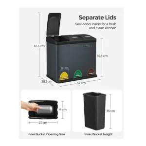 Μεταλλικός Τριπλός Κάδος Απορριμμάτων από Ανοξείδωτο Ατσάλι με 3 Πεντάλ 24 Lt Χρώματος Σκούρο Γκρι Songmics LTB24GS - Image 6