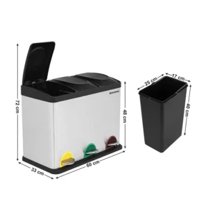 Μεταλλικός Τριπλός Κάδος Απορριμμάτων από Ανοξείδωτο Ατσάλι με 3 Πεντάλ 45 Lt Songmics LTB45L - Image 3