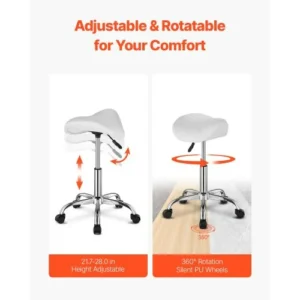 VEVOR Σκαμπό Σέλας με Ρόδες PU Δέρμα Ρυθμιζόμενο Ύψος Λευκό MADBSJSMADWKZES31V0 - Image 3