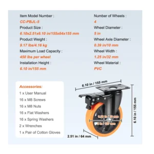 Σετ Περιστρεφόμενα Ροδάκια Βαρέως Τύπου για Έπιπλα 816 Kg 4 τμχ VEVOR PBJLCSJAZ4J4XPOVCV0 - Image 10