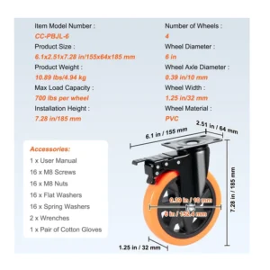 Σετ Περιστρεφόμενα Ροδάκια Βαρέως Τύπου για Έπιπλα 1272 Kg 4 τμχ VEVOR PBJLCSJAZ4J56BOYXV0 - Image 10