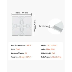 VEVOR Πάνελ Τοίχου 3D 33-Τεμαχίων 11.81x11.81'' PVC 32 Τ.Π. Κάλυψη Λευκό Floral PVC3DQBXDYSJ05PSDV0 - Image 6