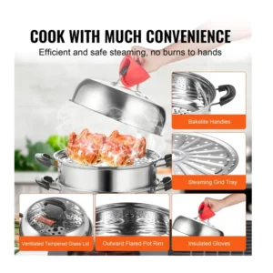 Ανοξείδωτη Κατσαρόλα Ατμού 3 Επιπέδων 28 cm VEVOR SCZG28CM0000NDJSGV0 - Image 4