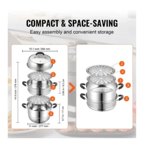 Ανοξείδωτη Κατσαρόλα Ατμού 3 Επιπέδων 28 cm VEVOR SCZG28CM0000NDJSGV0 - Image 5