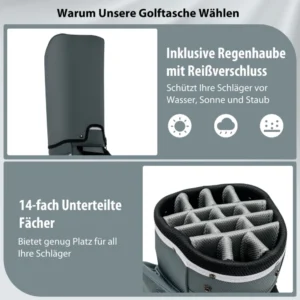 Costway Ελαφριά Τσάντα Γκολφ με 14 Διαχωριστικά & Ιμάντα Ώμου & 7 Τσέπες με Φερμουάρ Γκρι SP37830 - Image 4