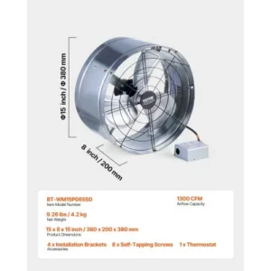 VEVOR Ανεμιστήρας Στέγης 15" 1300 CFM με Ρυθμιζόμενο Θερμοστάτη SQFJ15YC1300339LIV2 - Image 6