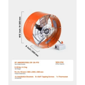 VEVOR Ανεμιστήρας Στέγης 15" 1650 CFM με Ρυθμιζόμενο Θερμοστάτη SQFJ15YC16502BPXZV2 - Image 6