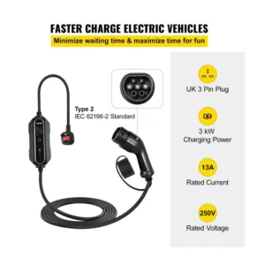 Φορητός Επιτοίχιος Φορτιστής Ηλεκτρικού Αυτοκινήτου EV Type 2 3 kW 13A VEVOR SX23KW10M220V15KGV2 - Image 3