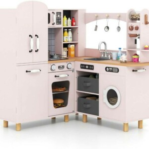 Costway Παιδική Γωνιακή Ξύλινη Κουζίνα 96x91x105 cm με Διαδραστικά Φώτα και Ήχους TP10313PI