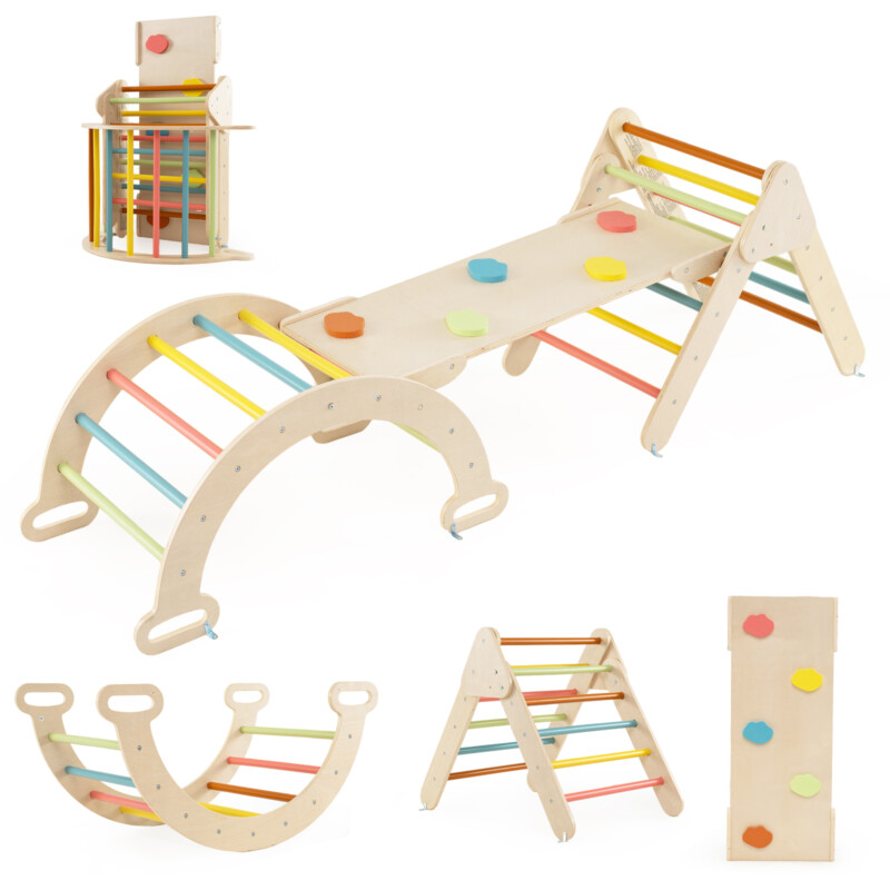 Costway 4 σε 1 Πολύχρωμο Σετ Αναρρίχησης με Τσουλήθρα & Δίχρωμη Ράμπα - Σκηνικό Περιπέτειας Macaron TS10167MK