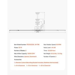 VEVOR Ανεμιστήρας Οροφής Αλουμινίου 213 εκ. Χωρίς Φως με Τηλεχειριστήριο Βουρτσισμένο Νικέλιο WDDS84INCHLYDMCLRV7 - Image 6