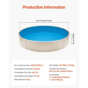 VEVOR Στρογγυλή Επένδυση Πισίνας 15ft Unibead 47in Ύψος Τοίχου Μονόχρωμη YCNCCSROUND4STWZ6V0 - Image 6