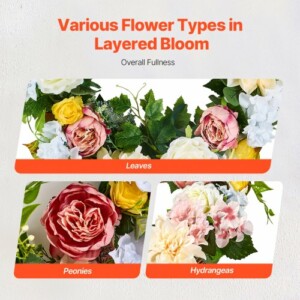 VEVOR Τεχνητό Διακοσμητικό Στεφάνι 24 ιντσών με Λευκές, Ροζ και Κίτρινες Παιώνιες και Ορτανσίες ZSHHXQHHCH24ZKJWVV0 - Image 3