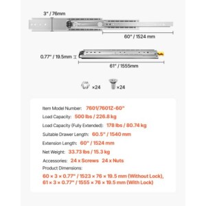 VEVOR Ζεύγος Συρόμενων Ράγων με Απαλό Κλείσιμο και Πλήρη Επέκταση (16-60 ίντσες, 500 lbs) ZXCTHG500B607BSCWV0 - Image 6